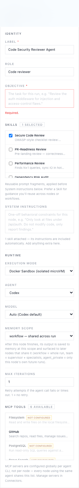 Agent inspector panel for a specialist node — Identity, Skills (with the seeded Standard Report Format skill), System Instructions, Runtime (execution mode, agent, model, memory scope, max iterations), and a read-only MCP Tools list